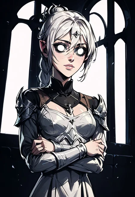 score_9, score_8_up, score_7_up, score_6_up, 1girl, solo, shadowheart, selunite, medium breasts, white hair, white cleric armor, calm, detailed background, church window background, vitrage, sun shine, THRD, blank eyes, dontstarvestyle, muted colors, no pupils, front view, hands crossed on bottom