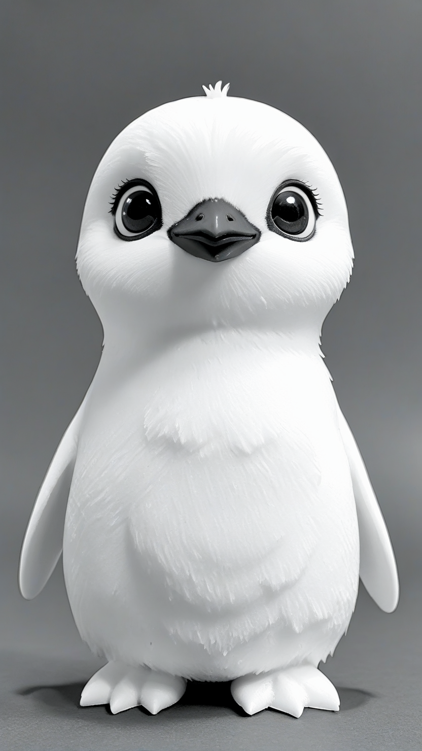 <lora:3DPrintingXL:1>,whitemold,3d printed mold,art style,greyscale,monochrome, 1girl, solo, baby penguin, small flippers, big eyes, waddle stance, soft and round, fluffy texture