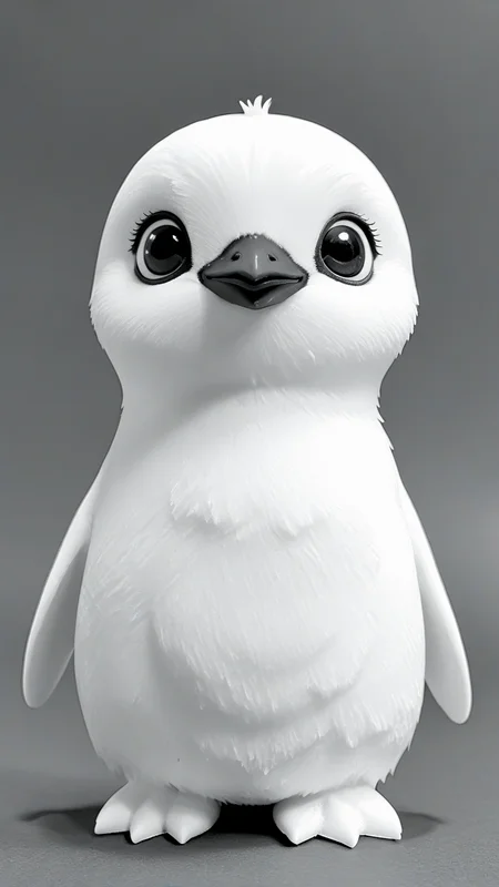 <lora:3DPrintingXL:1>,whitemold,3d printed mold,art style,greyscale,monochrome, 1girl, solo, baby penguin, small flippers, big eyes, waddle stance, soft and round, fluffy texture