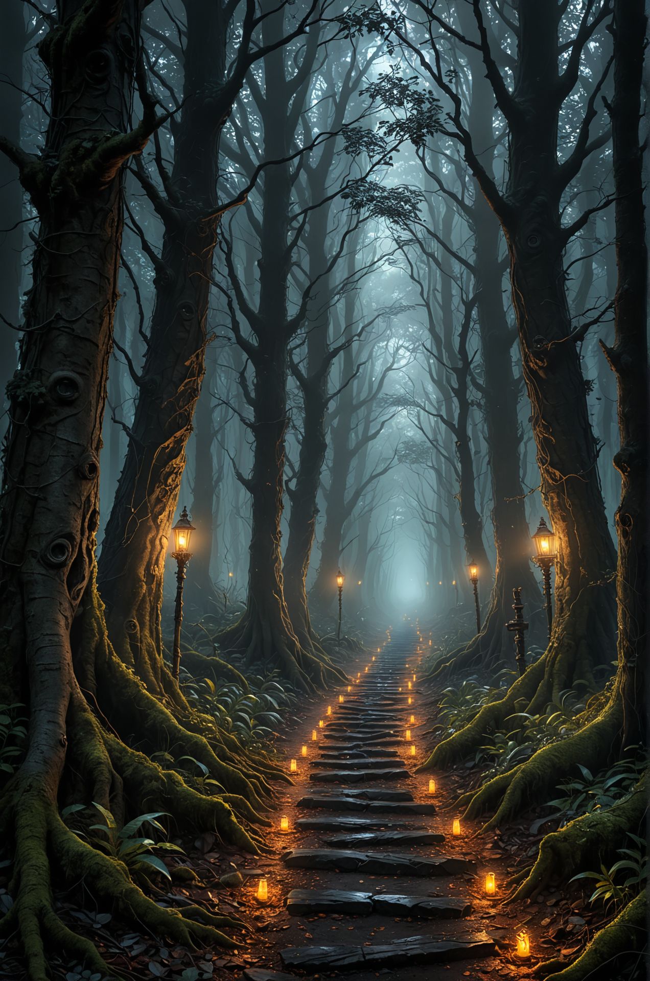 Pathway through a dark enchanted forest, glowing eyes and whispering trees, eerie and magical 
(masterpiece, award winning artwork)
many details, extreme detailed, full of details,
 <lora:WildcardX-XL-Detail-Enhancer:0.85> <lora:add-detail-xl:1>