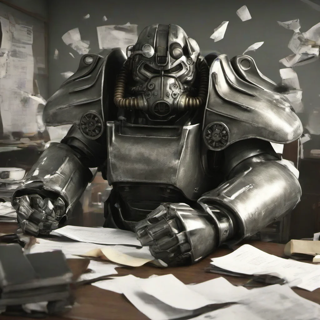 masterpice,high quality,
<lora:PE_PowerArmor:0.8> PEPowerArmor,
inside office,doing office work, sittingon computer,angry,papers flying around,hands on head,
