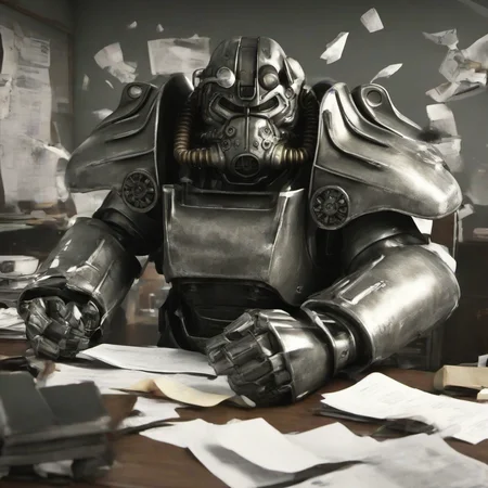 masterpice,high quality,
<lora:PE_PowerArmor:0.8> PEPowerArmor,
inside office,doing office work, sittingon computer,angry,papers flying around,hands on head,