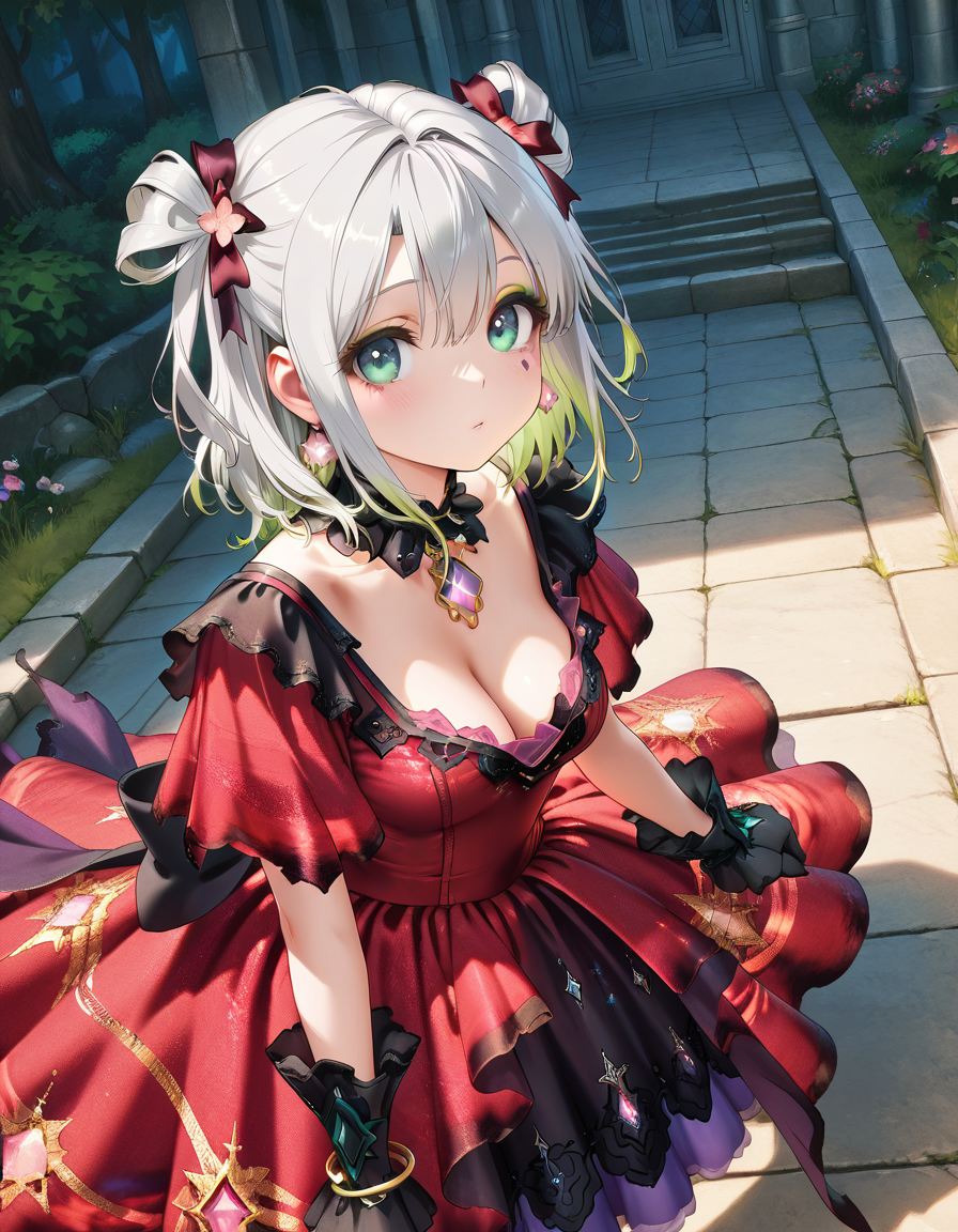 <lora:InfiniteNikki_ThreadsOfReunion_V0.54[IL]:1>, dress, <lora:midis_Midori_V1[IL]:1>, midori, looking at viewer,  medium hair, white hair, makeup, jewelry, green eyeshadow,, masterpiece,best quality,amazing quality,very aesthetic,absurdres,newest,