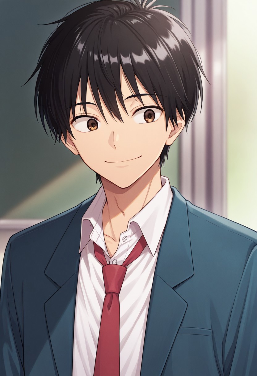 masterpiece,best quality,amazing quality, source_anime, 
kazahaya, 1boy, male focus, solo, brown eyes, black hair, school uniform, shirt, white shirt, collared shirt, necktie, red necktie, jacket, blazer, blue jacket, open jacket,
smile,