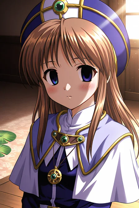 masterpiece, best quality, absurdres, official art, official style, rating general BREAK <lora:sylphycloud_IL_v1-1:0.7>, sylphy cloud, 1girl, solo, blue eyes, brown hair, long hair, bangs, flat chest, priest, hat, blue headwear, gem, brooch, turtleneck, pendant, layered capelet, light purple capelet, white capelet, robe, blue dress, long sleeves, upper body, close-up, indoors, cross, sunlight, lily pad, portrait, scenery,
blush, closed mouth, dark, empty eyes, expressionless, looking at viewer, no pupils, staring, yandere
