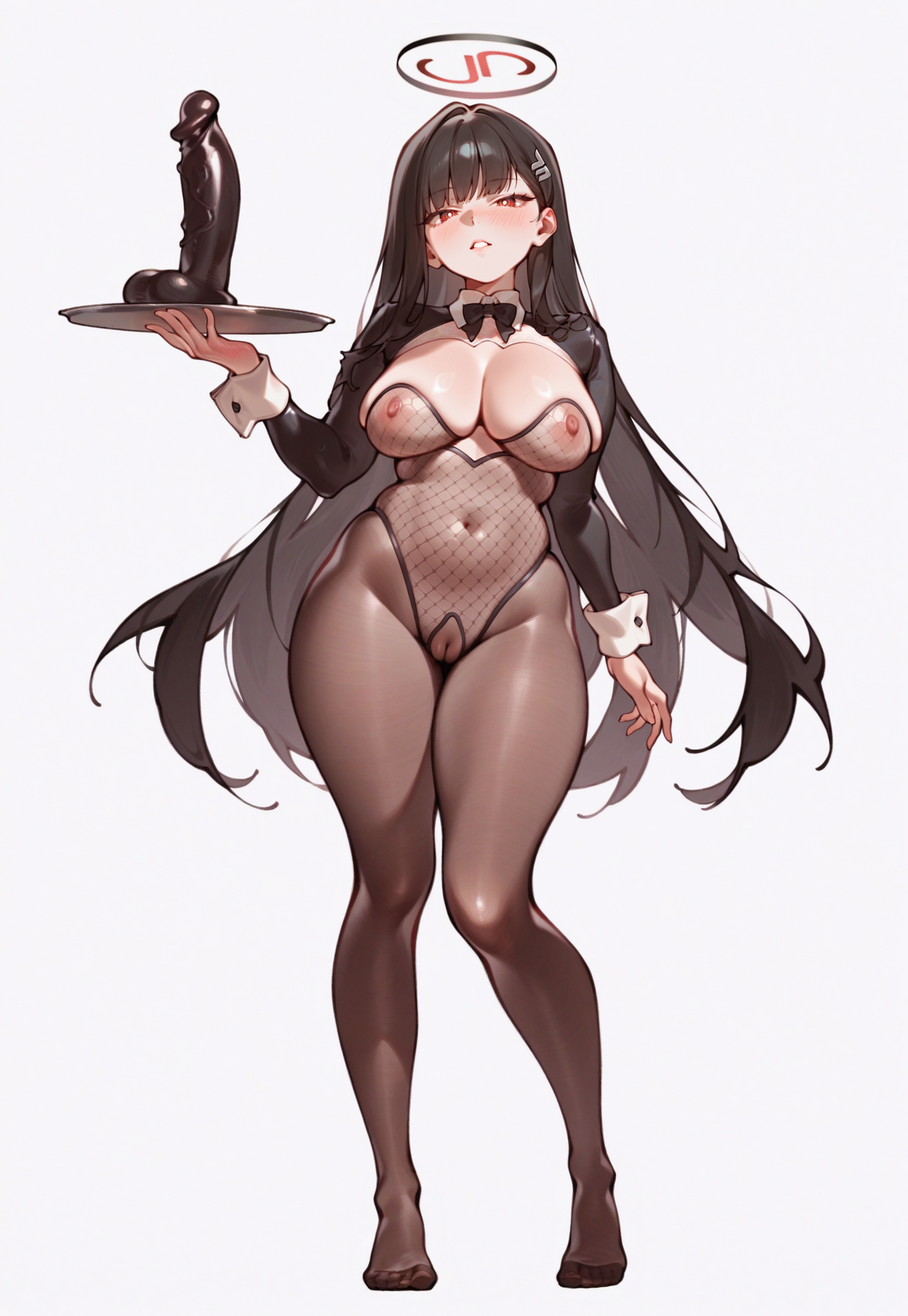 (artist:minaba hideo:0.8, artist:cyber \(cyanceebee\):0.65, )
full body, 1girl, mature female,  rio \(blue archive\),  embarrassed, full-face blush, looking at viewer, parted lips, hand up, holding tray, huge dildo  on tray, reverse bunnysuit,  fishnet leotard, nipples, cleft of venus, standing, black crotchless pantyhose, feet out of frame, seductive pose:0.25, sexually suggestive, white background, simple background, 
masterpiece, very awa, very aesthetic, absurdres,  <lora:reverse_bunnysuit:1>   <lora:cyber_cyanceebee-Illustrious:0.65>