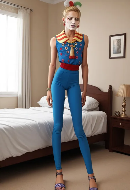score_9, score_8_up, score_7_up, score_6_up, (chiaroscuro lighting)
source_cartoon, f3rn4nd0, (line art),
bedroom,
(1male), male focus,
solo, very sad eyes,
clown
facepaint
blonde hair
lipstick
feathers
fully clothed,
tiny waist,
(anorexic skinny), (thin toned),
standing on ground, near bed,