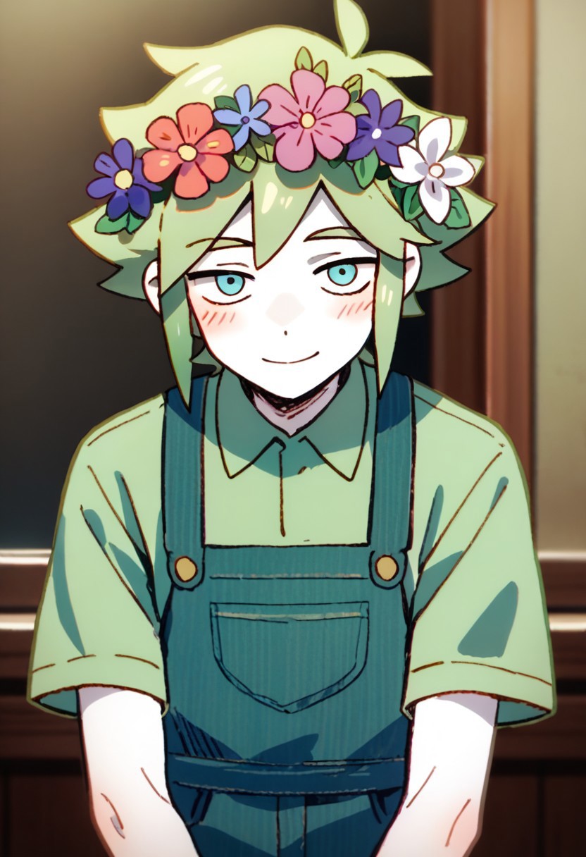 score_9,score_8_up,score_7_up,source_anime, BASIL (head space),solo,looking at viewer,blush,smile,shirt,1boy,holding,closed mouth,upper body,flower,short sleeves,male focus,collared shirt,white skin,green hair,overalls,male child,head wreath,