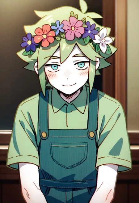 score_9,score_8_up,score_7_up,source_anime, BASIL (head space),solo,looking at viewer,blush,smile,shirt,1boy,holding,closed mouth,upper body,flower,short sleeves,male focus,collared shirt,white skin,green hair,overalls,male child,head wreath,