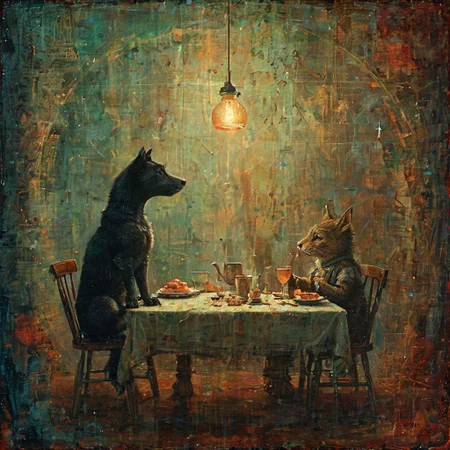 DOROTHY, an elegant lady, ate a hearty breakfast, and watched a Munchkin, who played with Toto and pulled his tail and crowed and laughed in a way that greatly amused Dorothy.  <lora Dreamyvibes Artstyle:0.4>