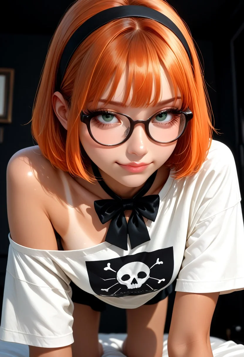 masterpiece, best quality, detailed, highres, very aesthetic, absurdres, newest, 8K, depth of field, focused subject, goth, realistic dynamic angle, 1girl, solo, imtdsabrinaroin, 1girl, glasses, short hair, hairband, orange hair, bowtie, green eyes, black-framed eyewear,  bob cut, eyelashes, small breasts, tan lines, digital painting by Taras Loboda, amateur color photo of a girl, body focus, large eyes, sultry smirk, viewed from an angle, realistic skin, white cotton shirt, cropped loose tshirt, off one shoulder, all fours