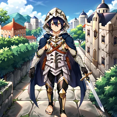 masterpiece, best quality, sharp aliasing, highly detailed, Quality, High Definition, Full Body View, <lora:EPfeCorrinPony:1>EPfeCorrin, blue cape, armour, black gloves, full gloves, black pants, wearing pants, outdoors, day, stone ground, tree, bush, buildings, barefoot, toeless legwear, armoured legwear, stirrup legwear, 5 toes <lora:Amajiki_Tamaki__Pony:1>Tamaki Amajiki, pointy ears, red eyes, dark blue hair, hair between eyes, hood, mask, male, male body, solo, 1male sword, standing <lora:feet_anime_pony_v2:1>feet, dark blue toenails