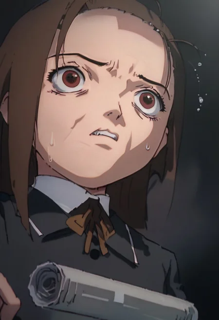 score_9, score_8_up, score_7_up, score_6, source_anime, iwakura mika, ((school uniform)), complete darkness, completely dark, pitch black, full obscurity, no light, dark night, chibi, from below view, (((looking at small grey paper roll))), sweating, terrified, scared, horrified, ((black background))