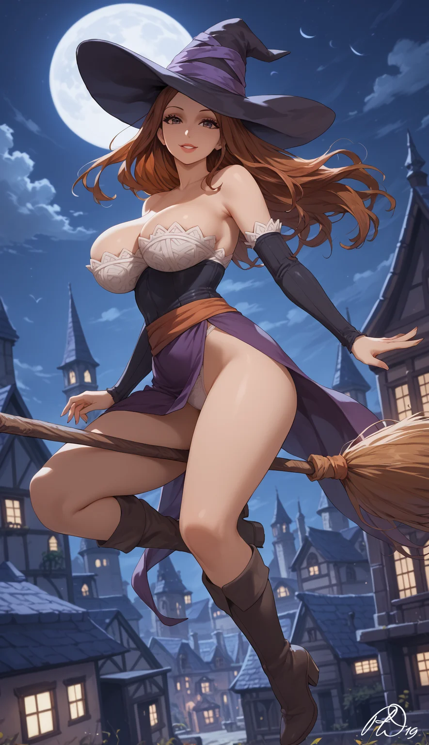 score_9, score_8_up, score_7_up, sorceress, mature_woman, elbow_gloves, witch_hat, 1girl, big_breasts, brown_eyes, light_smile, (broom_riding), flying, (broom_under_crotch:1.5), hands_under_the_crotch, body-length_broom, short_boots, city, night, moon, stars, cumulonimbus, lights, flourishing, overhead, overlooking, side_view, looking_at_viewer, 