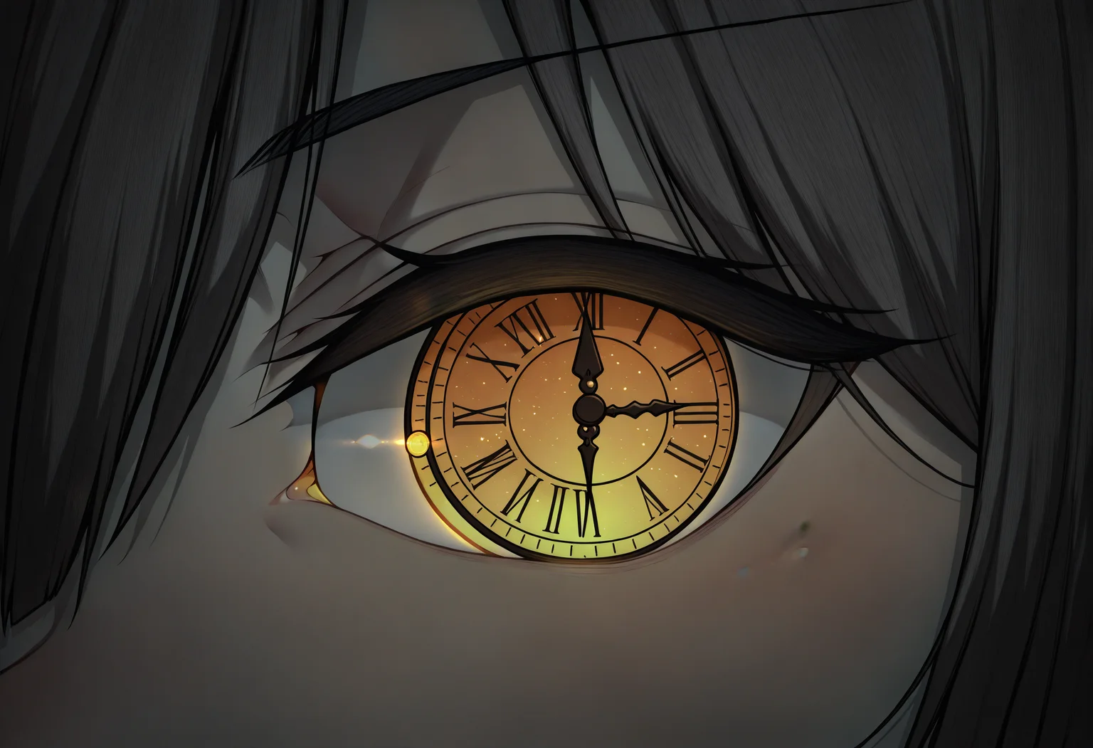 masterpiece, best quality, <lora:ChamKurumiIllustriousXL:1>, KrmiDef, clock eyes, yellow eye, long hair, close-up, eye focus, roman numeral, glowing, spot color, monochrome,