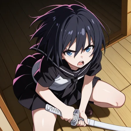 <lora:IL_Yamoto_Koki:1>,nin_sly_k,1girl,solo,Yamoto Koki,short hair,black hair,blue eyes,
legs apart,squatting,floating skirt,disheveled hair,floating hair,serafuku,
katana,unsheathing,looking at viewer,looking up,upturned eyes,glaring at,open mouth,, masterpiece,best quality,amazing quality,very aesthetic,absurdres,