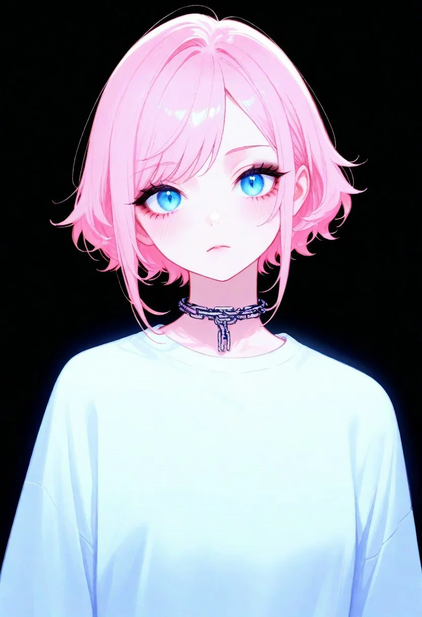 1girl, general, 
(head back:0.8),
short hair, sidelocks, pink hair, swept bangs, 
black eyeshadow, long eyelashes, 
blue eyes, looking at viewer, (slit pupils:0.6), dilated pupils, 
light blush, expressionless, 
chain choker, 
small breasts, white shirt, oversized clothes, 
upper body,
black background,
best quality, very awa, highres, newest
