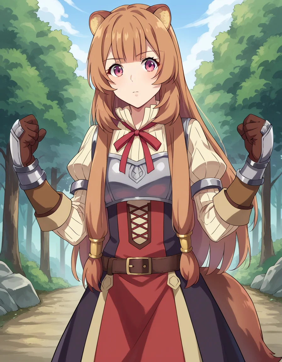 score_9, score_8_up, score_7_up, source_anime,
raphtalia, <lora:raphtalia-ponyxl-lora-nochekaiser:1>,
raphtalia, long hair, bangs, brown hair, animal ears, raccoon ears, raccoon tail, raccoon girl, pink eyes,
long sleeves, sweater, ribbed sweater, puffy sleeves, breastplate, ribbon, red ribbon, gauntlets, glove, brown gloves, belt, skirt, armor,
outdoors, forest, nature,
looking at viewer, cowboy shot, dutch angle, dynamic pose,