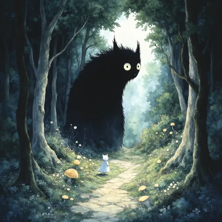 Studio Ghibli Dark Fairytale, The image is a digital illustration of a forest scene. It shows a large black creature with two large round eyes and a pointed nose standing in the center of the image. The creature appears to be a monster or a creature with sharp teeth and sharp claws. It is surrounded by tall trees and bushes with a path leading up to it. On either side of the path there are small white flowers and mushrooms scattered throughout the forest. In the foreground there is a small white cat walking on the path. The background is filled with trees and foliage and the sky is visible through the trees. The overall mood of the illustration is peaceful and serene., nature, mushroom, tree, flower, outdoors, forest, 1girl, dress, white dress, scenery