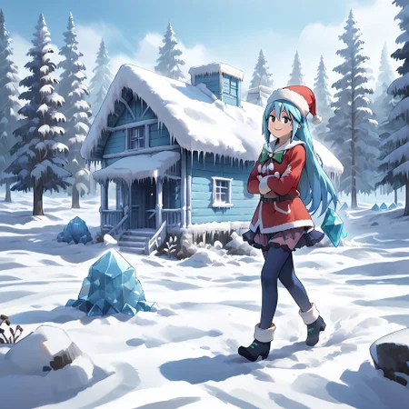 best quality, highres, high resolution, score_9, score_8_up, score_7_up, score_6_up, score_5_up, score_4_up, 1 female, aqua is wearing Santa outfit, her outfit is made of snow crystals, (Aqua_(Konosuba):1), fr0stwrld, snow, ice, <lora:Fr0stWrld-v10:1.2> , <lora:Aqua Pony:1> ,full body, front yard of a house in snow forest, snow background, standing , anime pose, happiness face