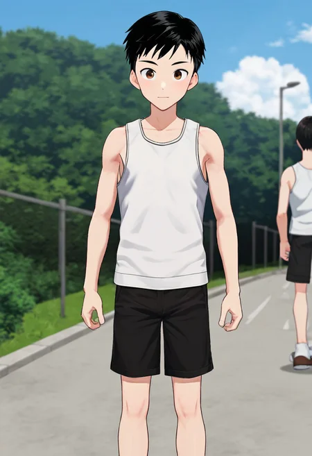 harmard, black hair, short hair, brown eyes, 1boy, solo, solo focus, wear white tank top, wear black shorts, outdoor setting