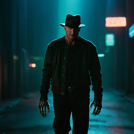 cinematic film still of <lora:Cyberpunk Style:0.8> Cyberpunk Style
Freddy Krueger walking to the camera with bionic hands in cyberpunk city at night in cyberpunk style <lora:Freddy Krueger:1>, shallow depth of field, vignette, highly detailed, high budget, bokeh, cinemascope, moody, epic, gorgeous, film grain, grainy