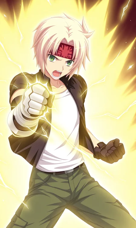 1boy, solo, ryuichiexaexsfa, blonde hair, short hair, parted bangs, green eyes, print headband, jacket, short sleeves, tanktop, single glove, single gauntlet, green pants, electricity, yellow aura, glowing, cowboy shot, open mouth, serious, punching, shouting, looking at viewer, dynamic pose, fighting stance,