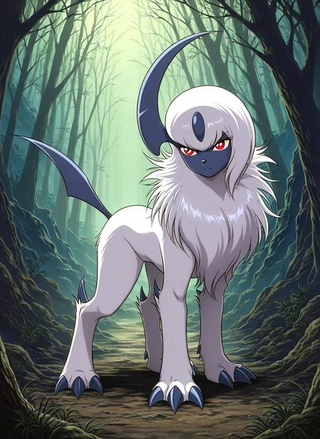 masterpiece, best quality, absurdres, zodikki1, kurumada hair, kurumada eyes, solo, absol, from the side, full body, serious, dark forest, fog, trees, cave entrance