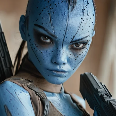 <lora:2020s_Sci-Fi_MovieSDXL:1> ArsMovieStill, Movie still from a 2020s Sci-Fi movie, The image shows a woman with blue paint on her face holding a gun set against a blurred background., blue skin, solo, colored skin, 1girl, blurry, looking at viewer, brown eyes, blurry background, realistic, weapon