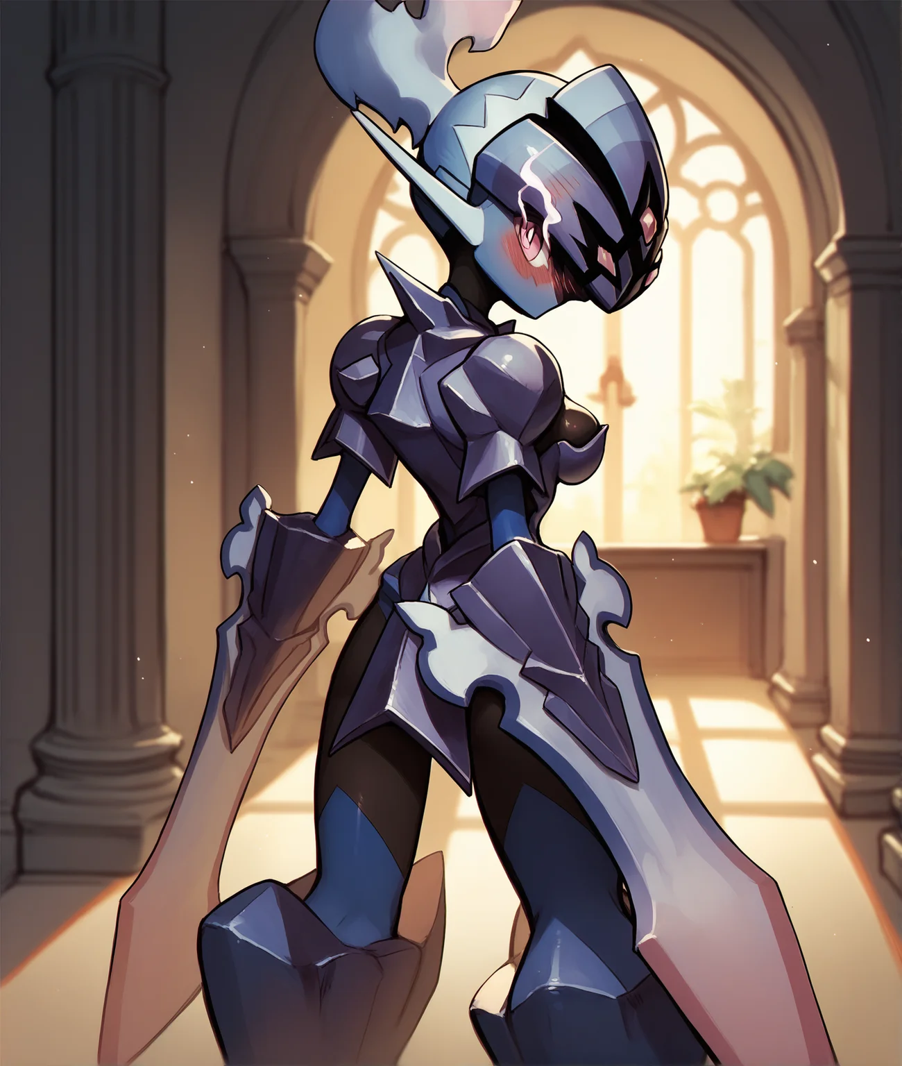 score_9, score_8_up, score_7_up, score_6_up, score_5_up, indoors, BREAK
<lora:CeruledgePDXL:1>,
1girl (ceruledge:1.1), pokemon \(creature\), blush, black body, breasts, from behind, looking back, standing, looking at viewer