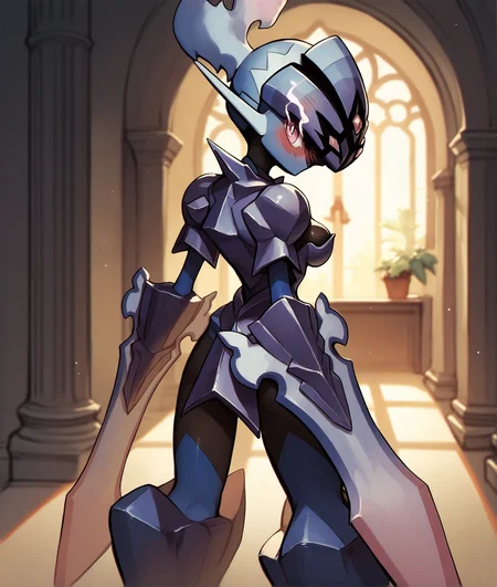 score_9, score_8_up, score_7_up, score_6_up, score_5_up, indoors, BREAK
<lora:CeruledgePDXL:1>,
1girl (ceruledge:1.1), pokemon \(creature\), blush, black body, breasts, from behind, looking back, standing, looking at viewer