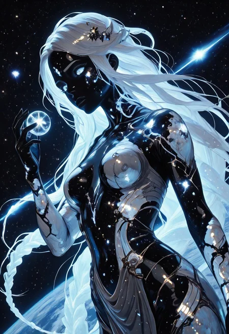 highres, very detailed, amazing quality, masterpiece,
very aesthetic, sp4ce-g0dd3ss
particle effect,
1girl, solo, beautiful eyes, goddess, goddes of constellations, black skin, sparkly skin, glitter on skin, iridescent hair, glowing hair, very long braids, strong face, solo, eyes with galaxies, cosmos eyes, Covered in Tattoos, geometric tattoos, white tattoos, small breasts, curvy, grey robe with pearlescent trim,
BREAK,
greek theme, goddess theme, universe theme,
looking at hand, extends hand, (planet in hand, miniature planet in hand), tough pose, foreshortening, dutch angle,
loving, content, tender,
in cosmos, universe, endless stars around her, galaxies, comets, nebulae