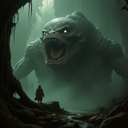 detailed atmospheric dark fantasy classical-style painting, (dramatic scene:1.1), (fractal art:0.1), cinematic film still, dynamic angle, this (miraculous:1.2) and (esoteric:1.3) abomination, the "rattling necrosmoggler", with its form ever twisting and contorting in unnatural ways, stalks the dense (fog-shrouded jungles:1.2) of planet "grummelhome iv" in the cover of its gigantic primordial flora and eerie sylvified robgoffler