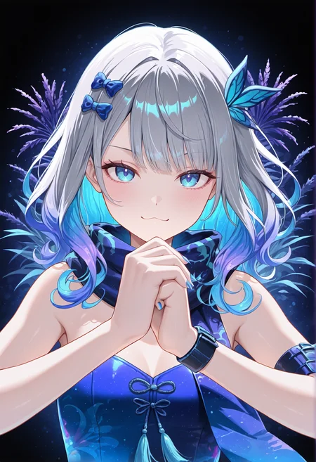 from behind, 1girl,solo,looking at viewer,grey-blue eyes,medium hair,gray,Hair Bow,hand palm-fist greeting ,Sea lavender flower,wavy hair ,:3,tassel,ribbon,cut-in,colorful,bright background, multicolored hair,nail polish, fingernails,blue nails, Elbow pads, Scarf, strapless dress,
<lora:cuso4XLNBVP1lokrV6311PZ:0.5>,
<lora:NOOB_vp1_detailer_by_volnovik_v1:0.5>,
<lora:TrendCraft_The_Peoples_Style_Detailer-v1.0A-3_13_2025-NoobVPRED:1>,