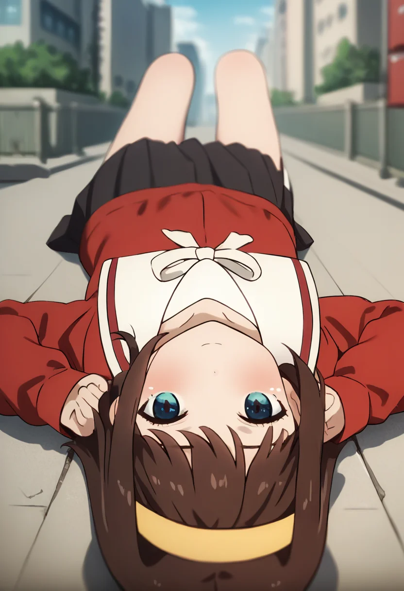 score_9, score_8_up, score_7_up, source_anime, masterpiece, 1girl, ctianm0rin0, red serafuku, white sailor collar, ribbon, black skirt, long sleeves, pleated skirt, city, outdoors, depth of field, <lora:Seria_morino_pony_ct:1>, lying, on ground, looking at viewer,