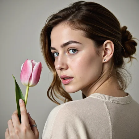 A photo-realistic shoot from a close-up camera angle about a young woman holding a pink tulip, with a soft, blurred background. the image also shows a close up of her face and upper body, showcasing her delicate features. on the middle of the image, a 20 years old woman with light skin, brown hair, and freckles, who appears to be a young adult, is facing the viewer and looking to the side, with her blue eyes looking directly at the viewer. she is wearing a cream-colored sweater and silver earrings, and has a ring on her finger. her lips are slightly parted, and she is holding a single pink and white tulip in her left hand. the woman has a serene expression, and her body is slim.