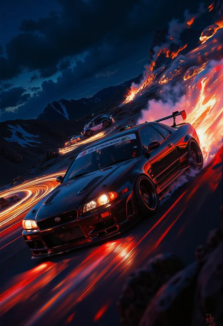 DB4RZ style painting,((nissan skyline T23 :1.3),  (with glowing tires), ), , racing, multiple cars, beautiful scenery flowing at high speeds, cars with sweaty hands and feeling of speed (with glowing tires), midnight, dynamic angle, racing, motion, multiple cars (beautiful scenery flowing at high speeds, cars with sweaty hands and feeling of speed:1.4), detailed textures, high quality, high resolution, high precision, illustration, color correction, proper lighting setup, harmonious composition, work from Behance, <lora:Dieselcore:0.7> d1eselc0re <lora:Glitchcore_Flux:0.4> gl1tchc0re