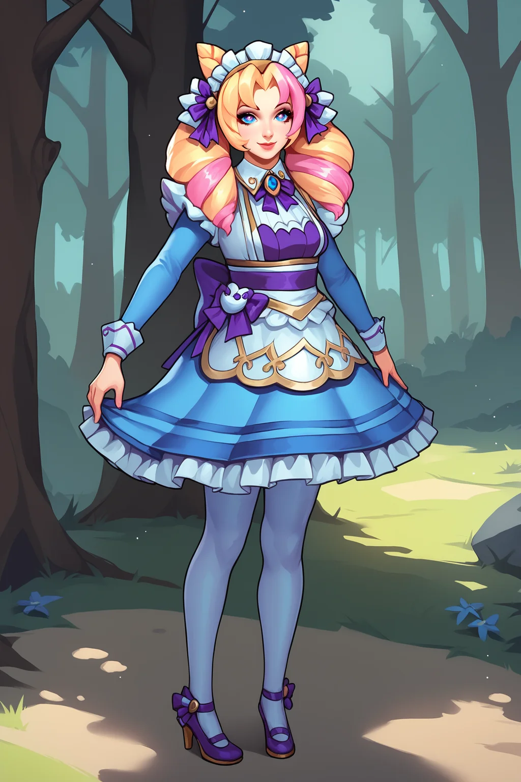 score_9, score_8_up, score_7_up, score_6_up, BREAK, GwenCafeCXL, blue eyes, one eye star-shaped pupil, blonde hair, pink hair, multicolored hair, twin drills, double buns, parted bangs, maid headdress, purple bow, medium breasts, maid, purple bowtie, blue dress, long sleeves, blue skirt, white pantyhose, purple footwear, high heels, solo, full body, standing, seductive smile, looking at viewer, forest, tree <lora:GwenCafeCXL:0.9>