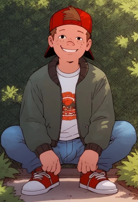 score_9, score_8, score_7, looking at viewer, bluejeans, smile, red hat, backwards hat, shirt, jacket, brown hair, freckles, 1boy, solo, full body,  squatting, Bulge,