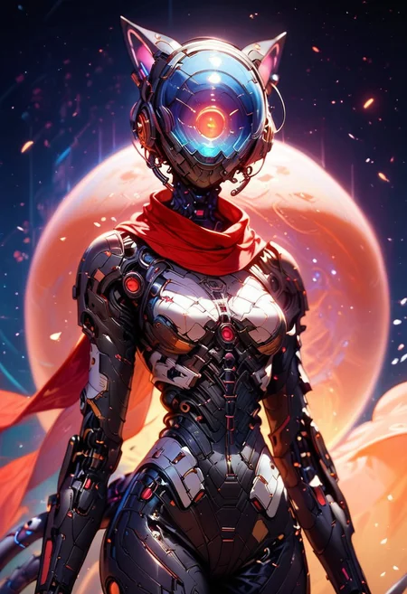 score_9, score_8_up, score_7_up, best quality, mcnm, cyborg girl, solo, Streamlined space helmet, long red scarf, cat-ear-parts, Streamlined futuristic white space_suit, black leather long coat with open front, leather gloves, mechanical cat tail, walking, wind swept scarf, on the wide beach, beautiful sea,