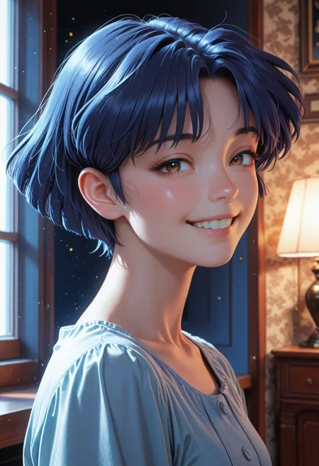 HDR, 8K, high contrast, masterpiece, best quality, amazing quality, very aesthetic, high resolution, ultra-detailed, absurdres, newest, scenery, chiaroscuro, 1girl, solo,akane_tendou, short_hair, blue_hair, brown_eyes, cute smile, teeth, closed eyes, , dim lighting ,looking back at viewer, dark room, face focus, head shot BREAK, beautiful detailed eyes, detailed skin, detailed hair, photorealistic, volumetric lighting, dappled light, light particles, dramatic shadows, cinematic lighting, photo background, <lora:ponyxl\cfg_scale_boost:0.7> h4v_h0l0,