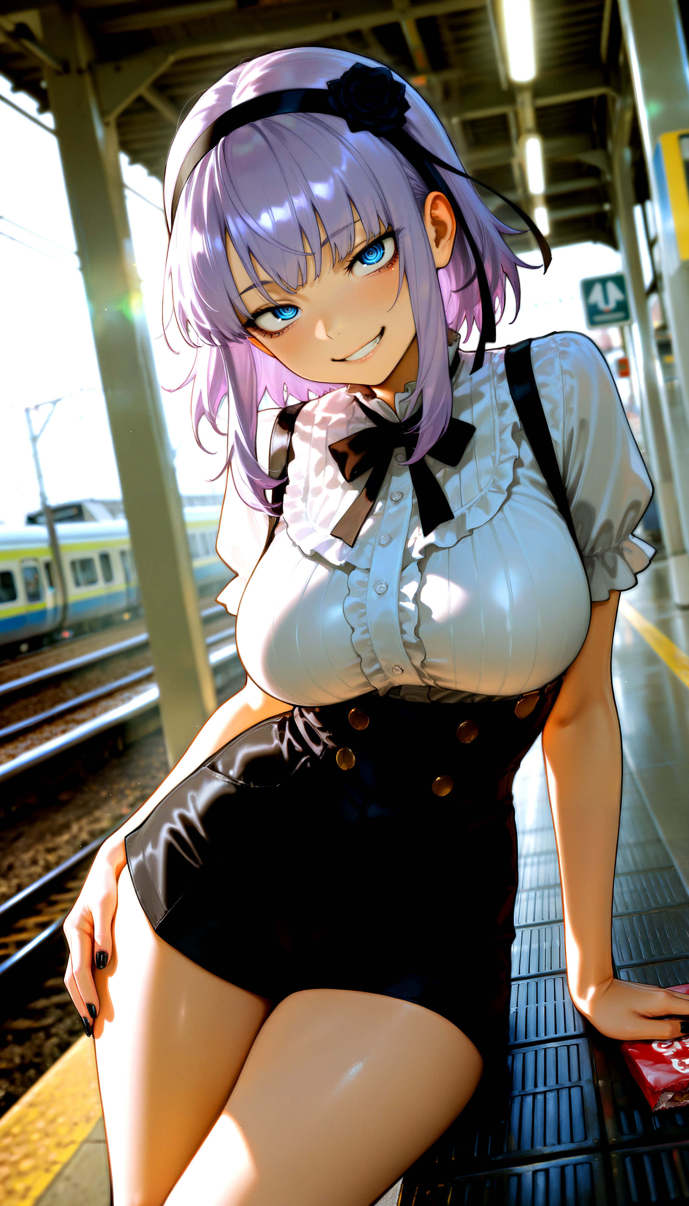 HDR, high contrast, masterpiece, best quality, amazing quality, very aesthetic, absurdres, newest, scenery, (volumetric lighting), photorealistic, photo background, detailed, 1girl, curvy, shidare hotaru, light purple hair, blue ringed eyes, dagashi \(place\), naughty face, holding snacks, frilled shirt, high-waist shorts, suspender shorts, black nail polish, looking at viewer, soft lighting, bloom, bokeh, depth of field, leaning to the side, sitting, train station, dutch angle, cowboy shot, masterpiece, best quality, amazing quality, very aesthetic, absurdres, newest, scenery, (volumetric lighting),