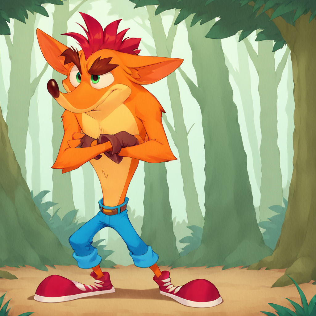 Crash Bandicoot,Furry,Orange Fur,Light Orange Under Belly,Green Eyes,Mohawk,Red Hair,Thick Eyebrows,Dark Brown Nose,Big Pointy Ears,Fingerless Gloves,Blue Jeans,Red Shoes with White soles and laces,solo,crossed arms,naughty look,forest background, <lora:Crash_Bandicoot_CB4_Concept_Art_PonySDXL.safetensors:1.0:1.0>