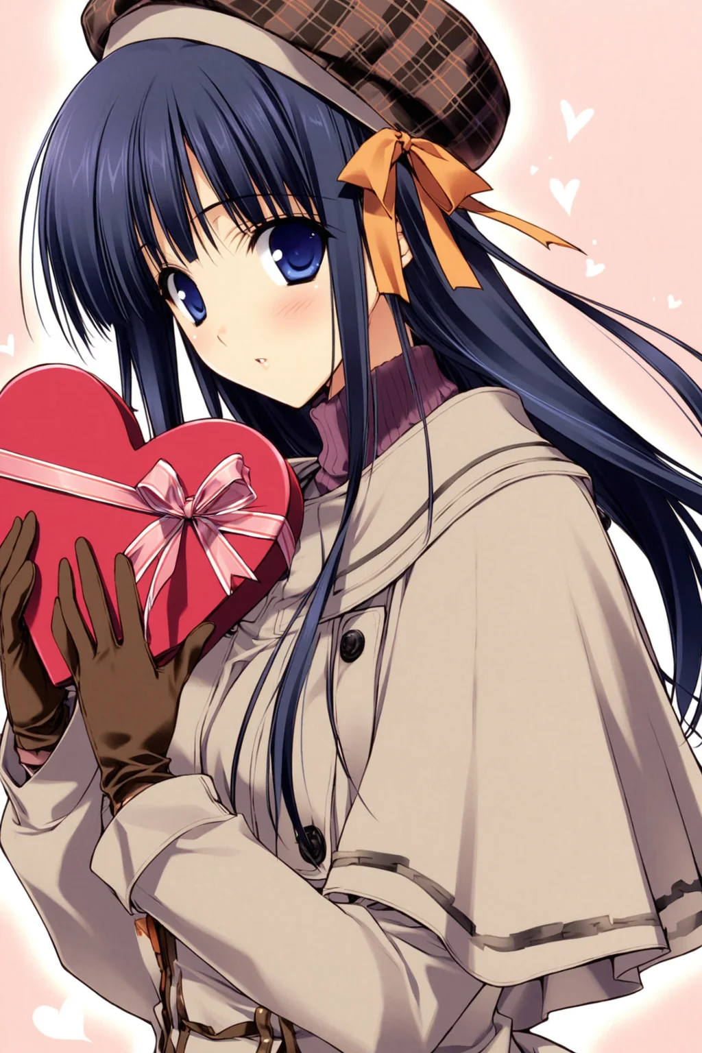 1girl,solo,long hair,hat,blush,gloves,blue eyes,plaid,black hair,long sleeves,capelet,holding,ribbon,beret,simple background,valentine,turtleneck,heart,holding gift,looking at viewer,gift,sweater,heart-shaped box,box,bangs,white background,upper body,brown gloves,parted lips,plaid headwear,blue hair,old version,<lora:Suzuhira Hiro_XL:0.8>,