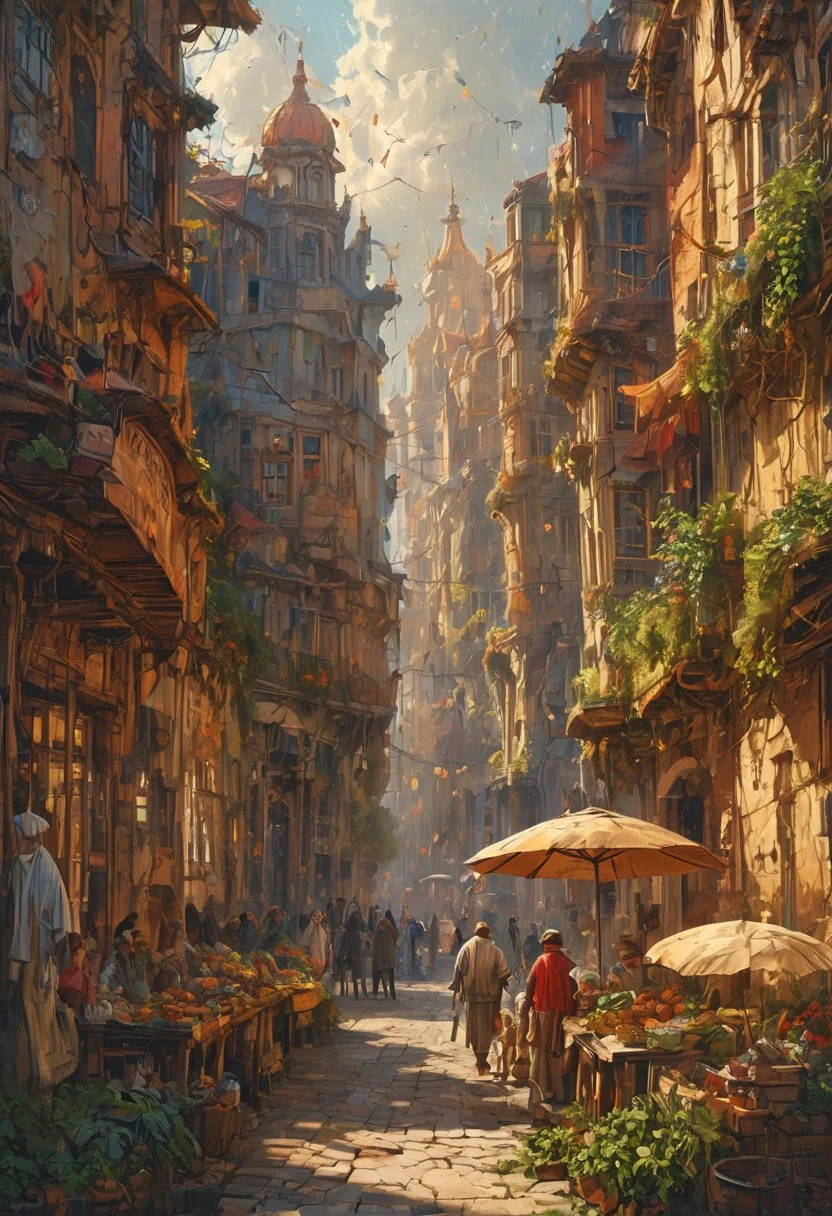 market square, fantasy world pencil lines, drawing, sketch, warm colors, decorated square, noon, rays of the sun, many residents, joy The atmosphere is magical and dreamy, <lora:MJ52:0.3>, <lora:SDXLFaeTastic2400:0.4>, <lora:EpicF4nta5yXL:0.7>