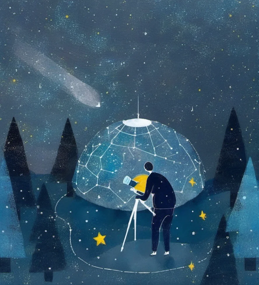 starry sky,constellations,night scene,forest,pine trees,dark,blue tones,dome,observer,telescope,space,astronomy,star-gazing,artistic,illustration,textured,whimsical,camping,science,exploration,observation,nature,nighttime,galaxy,cosmos,celestial,dreamy,peaceful,surreal,nocturnal,art style,moon,solitude,serenity,outdoor setting,cosmic wonder.,
<lora:æ²»æ-000009:0.8>,