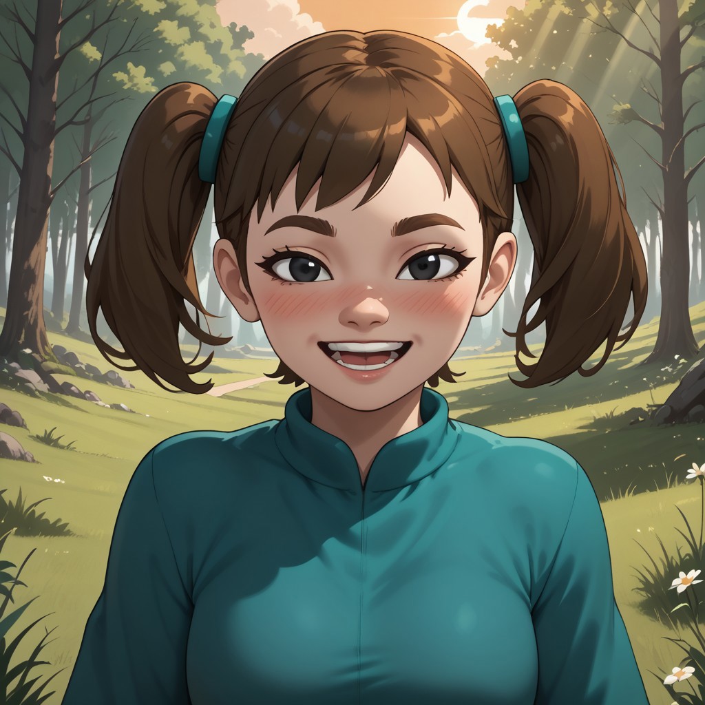 score_9, score_8, BREAK, solo, Mii, Wii, Black Eyes, Half circle eyebrows, big nose, half circle nose, blush, white skin, open mouth, green-ish brown hair, twintails, dark green clothing, 1girl, female mii, Wii Sports Resort, black pants, shoes, cute, medium breasts, Midori_(\Wii_Sports_Resort\), teeth, Nintendo Mii, modern_mii, classic_mii, sexy pose, self portrait, smile, outdoors, sunlight, shadows, evening lighting, natural lighting, forest, trees, grass, orange sky, sunset