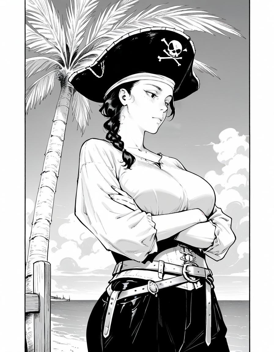 <lora:MUZHUR:0.25>,
mature female, black hair, single braid, long hair, large breasts, lips, white shirt, pirate hat, black hat, pirate costume, white shirt, black pants, belt,
standing, crossed arms, leaning on back, against palm tree,
sea, blue sky, clouds, day, palm tree,
solo,
upper body,
expressionless,
medieval,
, <lora:MUZHURIL:0.9>, masterpiece, best quality, absurdres, sketch, monochrome, greyscale