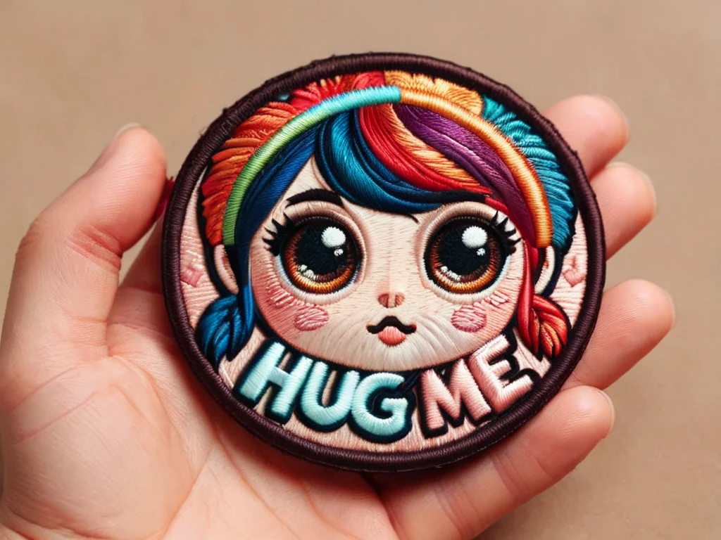 ("hug me" text logo:1.5), super cute <lora:ral-embroideredpatch:0.8> ral-embroideredpatch <lora:Harrlogos_v1.1:0.7>, full body cute chibi with big eyes