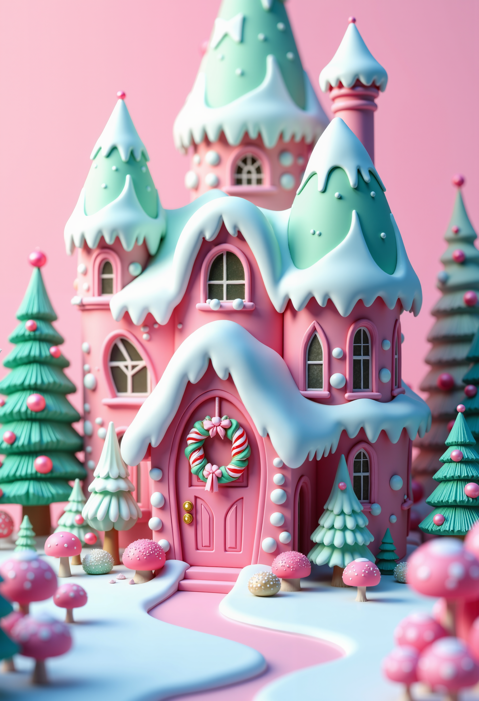 bo-christmas, christmas mood, magical christmas, eye-catching text saying "Christmas Dreams", a highly detailed, digital artwork depicting a whimsical, fairy-tale-like house set against a backdrop of snow-covered trees and a soft, pastel pink sky, the house is a two-story structure with a pink exterior and a green roof, covered in a thick layer of snow, giving it a winter wonderland-like appearance, the exterior walls are adorned with colorful, candy-themed decorations, including a large, round, pink door with a wreath on the front, and small windows with green frames, the windows are decorated with small, white flowers, and the door is adorned with a red and white striped candy cane and a small wreath, surrounding the house are smaller, colorful trees in various shades of green, blue, and pink, adding to the festive, winter theme, the ground is also covered in snow, with a few small, fluffy mushrooms scattered around, the overall color palette is soft and pastel, with the pink and green hues dominating the scene, creating a dreamy, ethereal atmosphere, high quality, ultra detailed, colorful, abstract, fantasy.<lora:Flux\boFLUX Christmas Dreams.safetensors:1.0:1.0>